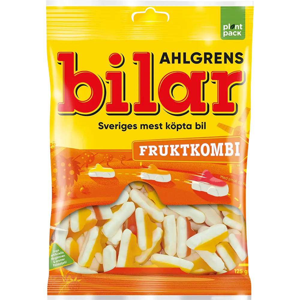 Ahlgrens Bilar Fruktkombi is a Swedish candy featuring fruit-flavored, car-shaped gummies with a soft texture.