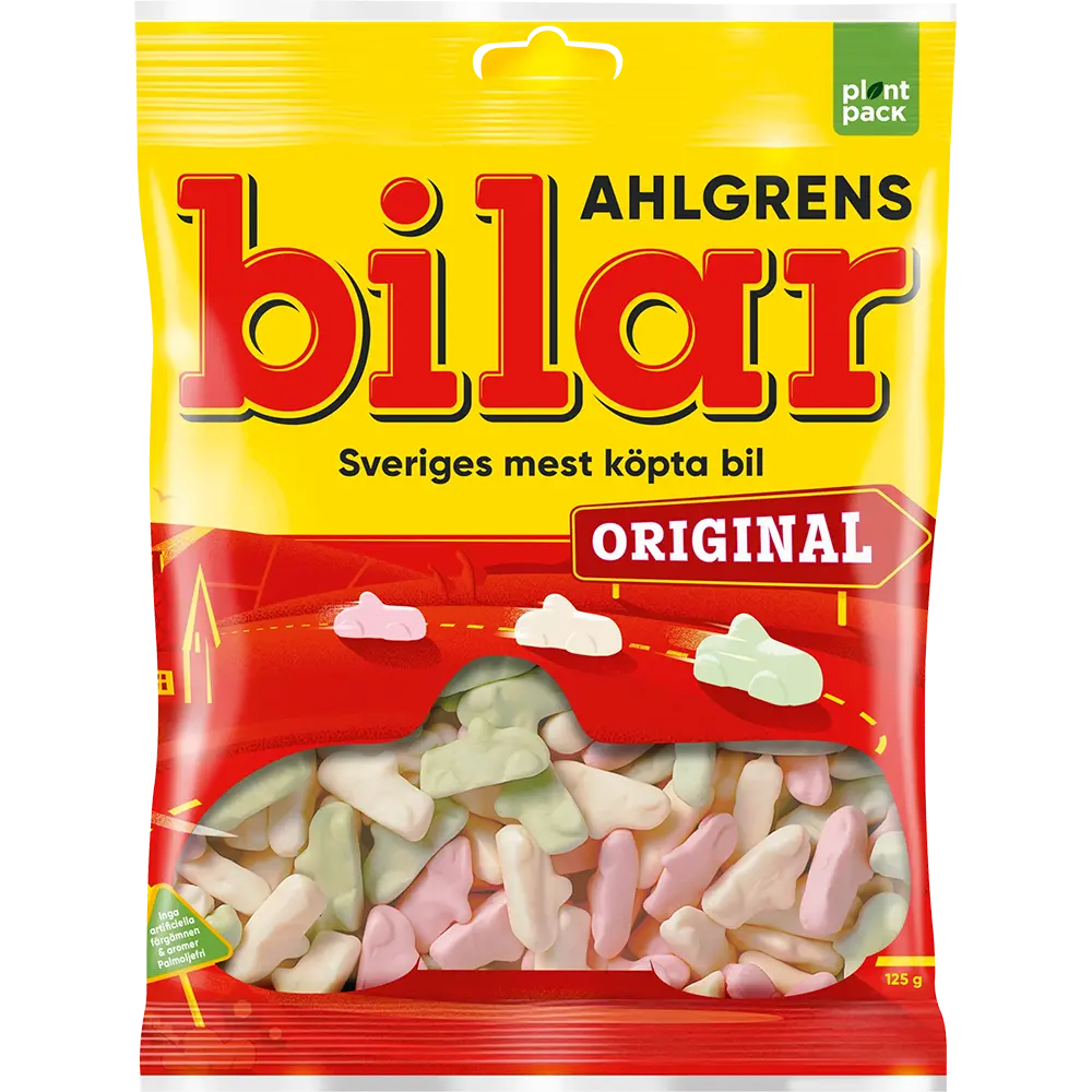 Ahlgrens Bilar Original 125g, featuring the classic Swedish candy known for its chewy texture and pastel-colored cars.