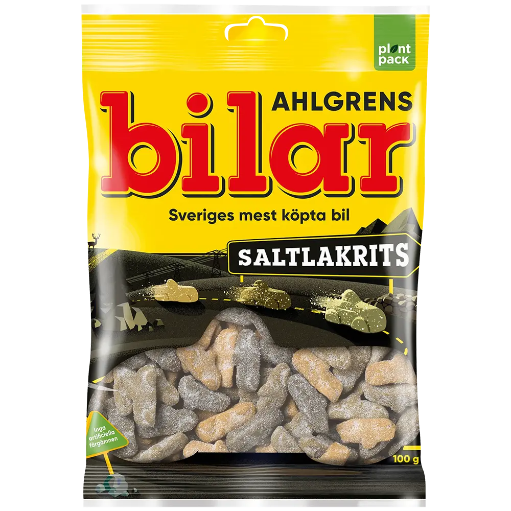 Ahlgrens Bilar Saltlakrits – a unique Swedish candy featuring the iconic car-shaped gummies with a salty licorice flavor.