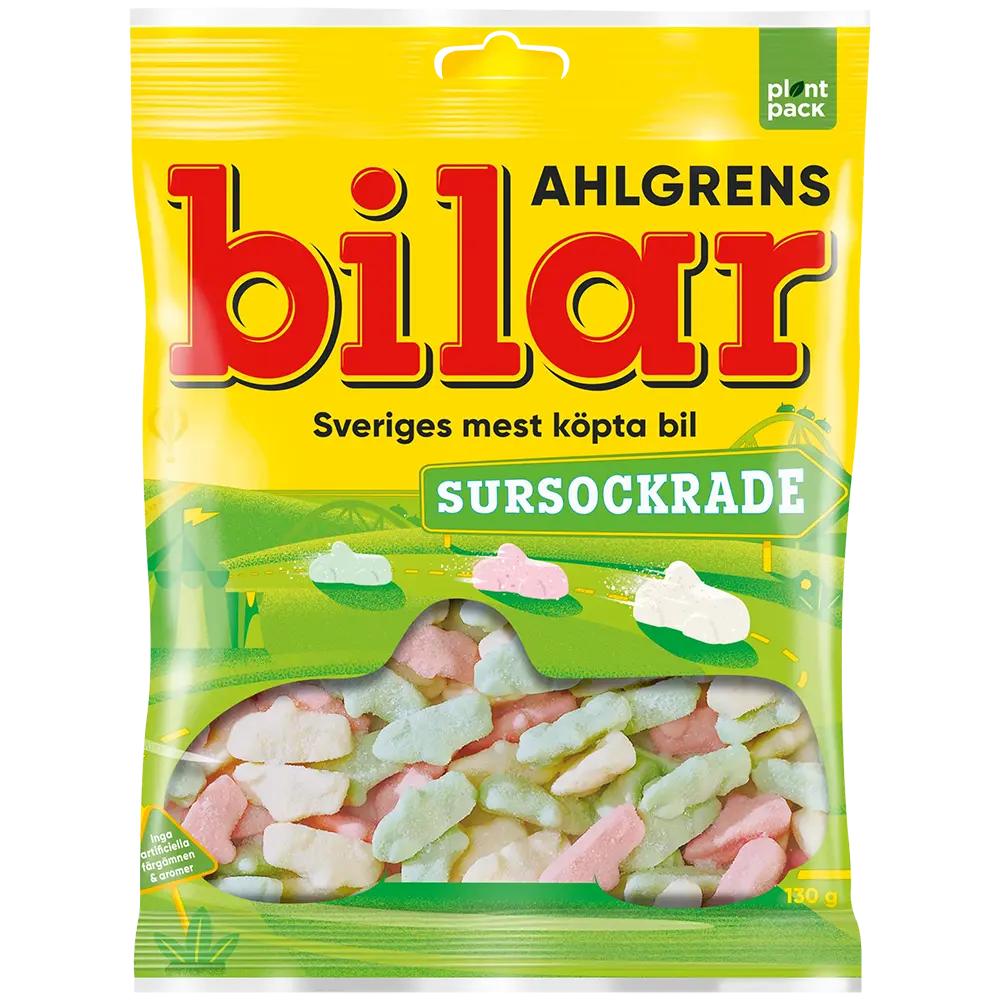 Ahlgrens Bilar Sursockrade 130g – a tangy twist on Sweden’s iconic car-shaped gummy candy, coated in sour sugar.