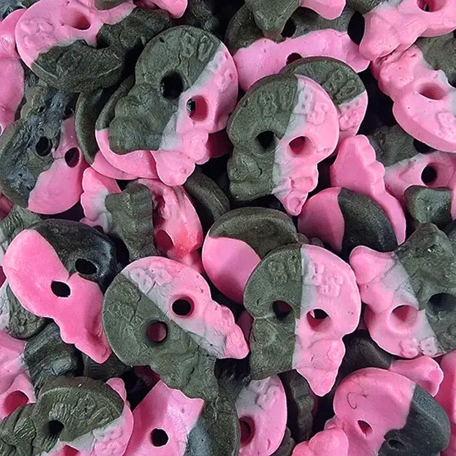 Raspberry Licorice Skull by Bubs offers a unique flavor duo of bold licorice and sweet raspberry in a playful skull-shaped treat.