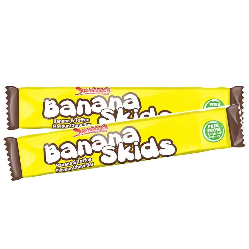 Display of Banana Skids, a playful Swedish candy featuring chewy, banana-flavored treats in unique, fun shapes.