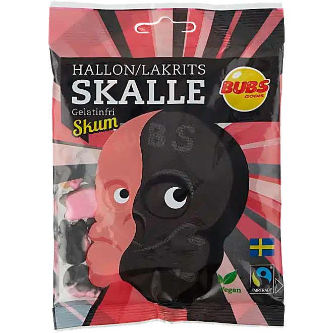 Bubs Hallon Lakrits Skalle is a Swedish candy that blends sweet raspberry with salty licorice in skull-shaped gummies.