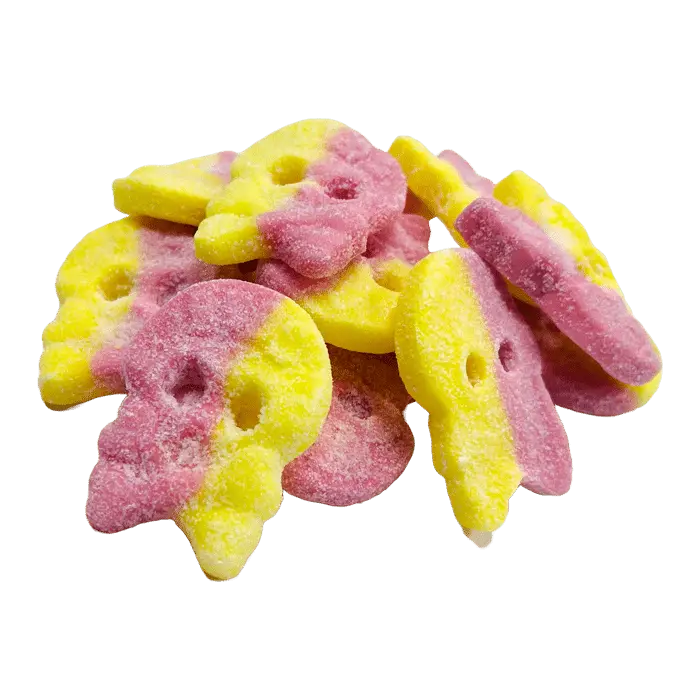 Bubs Raspberry Lemon Skulls are Swedish candy gummies blending tangy lemon with sweet raspberry in a fun skull shape.