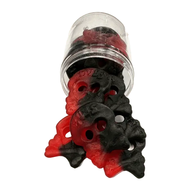 Bubs Raspberry Licorice Skull is a chewy Swedish candy combining fruity raspberry and bold licorice flavors in a fun skull shape.