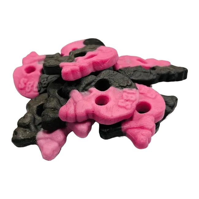 Bubs Raspberry Licorice Skull is a chewy Swedish candy combining tangy raspberry and salty licorice flavors in a fun skull shape.