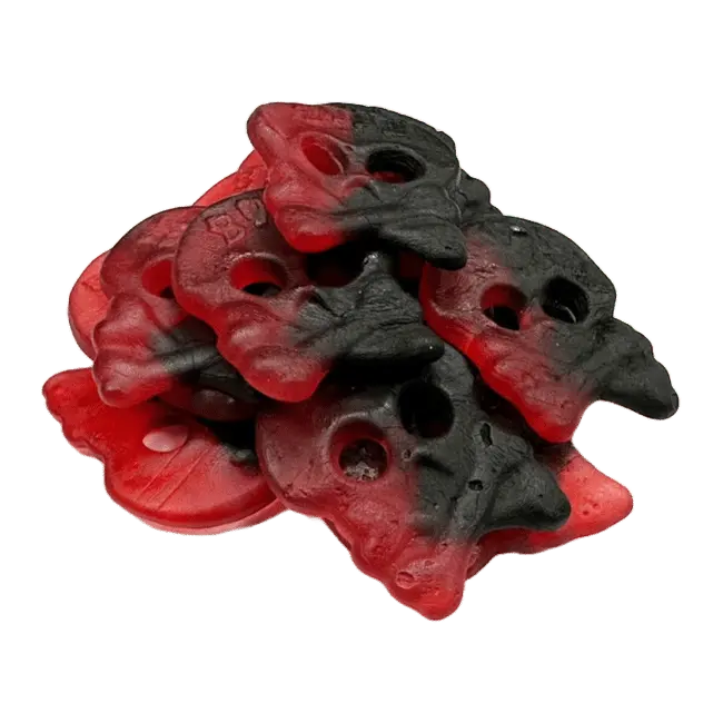 Raspberry Licorice Skull by Bubs offers a unique flavor duo of tangy raspberry and salty licorice in a chewy, skull-shaped treat.