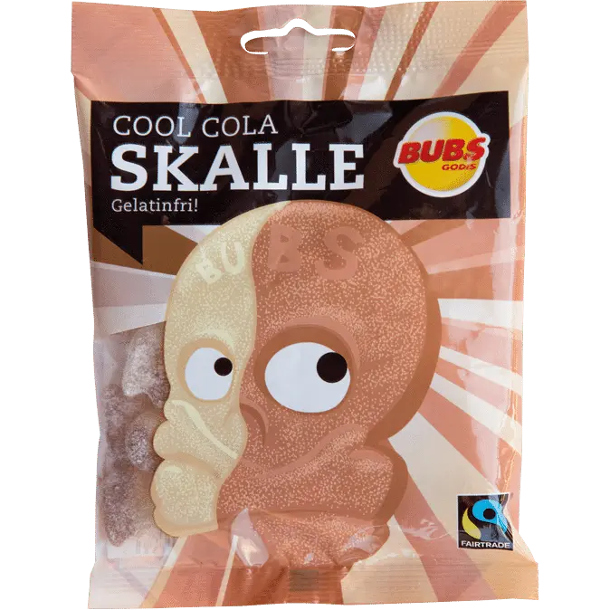 Bubs Skalle Cool Cola, offering fun, skull-shaped gummies with a bold cola flavor in a vibrant Swedish candy assortment.