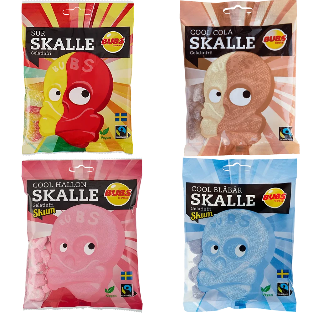 Bubs Skulls Bundle 4-Pack – a collection of Swedish candy featuring the iconic skull-shaped sweet and sour gummies.