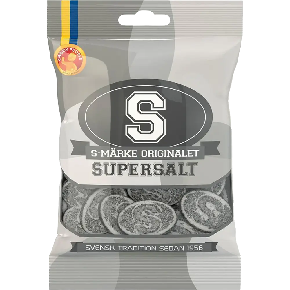 Display of Candy People S-Märke Supersalt, a bold Swedish candy with an intense sour and salty flavor in chewy gummy form.