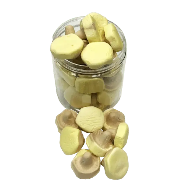 Caramel Banana Mushrooms are Swedish candy treats featuring mushroom-shaped gummies with a sweet caramel and banana flavor.