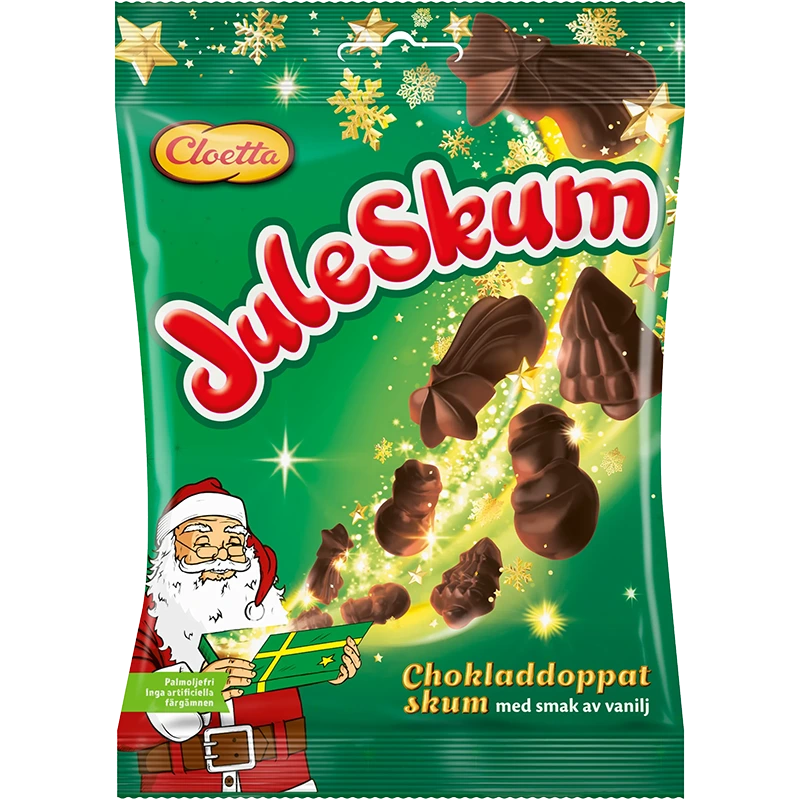 Cloetta Juleskum Chokladdoppat – Swedish Christmas marshmallow Santas dipped in rich chocolate for a festive treat.