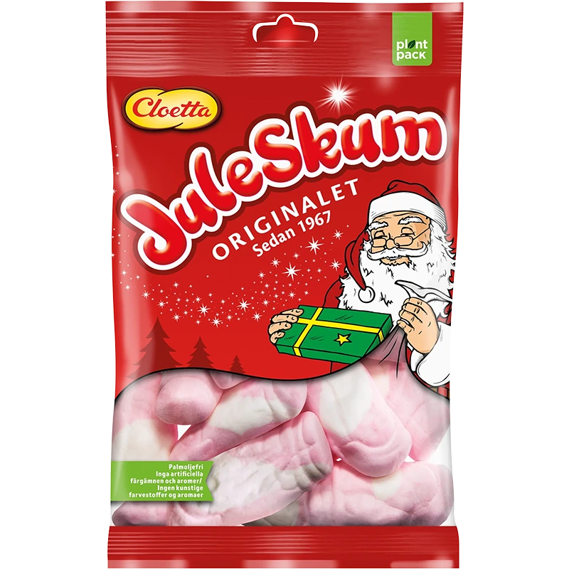 Cloetta Julskum – a classic Swedish Christmas candy featuring fluffy, strawberry-flavored marshmallow Santas.