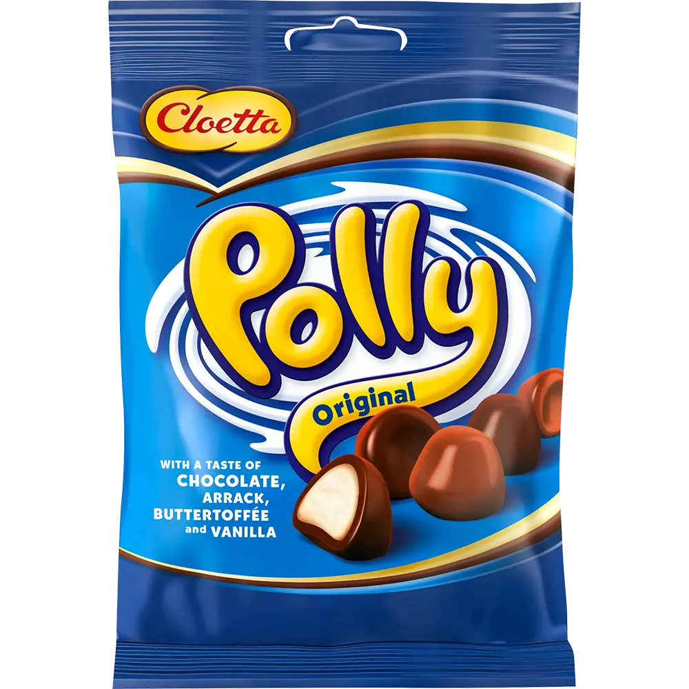 Cloetta Polly Original – a classic Swedish candy featuring soft and chewy chocolate-coated foam drops with vanilla and arrack flavors.
