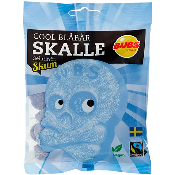 Cool Blåbär Skalle Skum is a Swedish candy with soft, foamy skull-shaped gummies flavored with sweet blueberry.