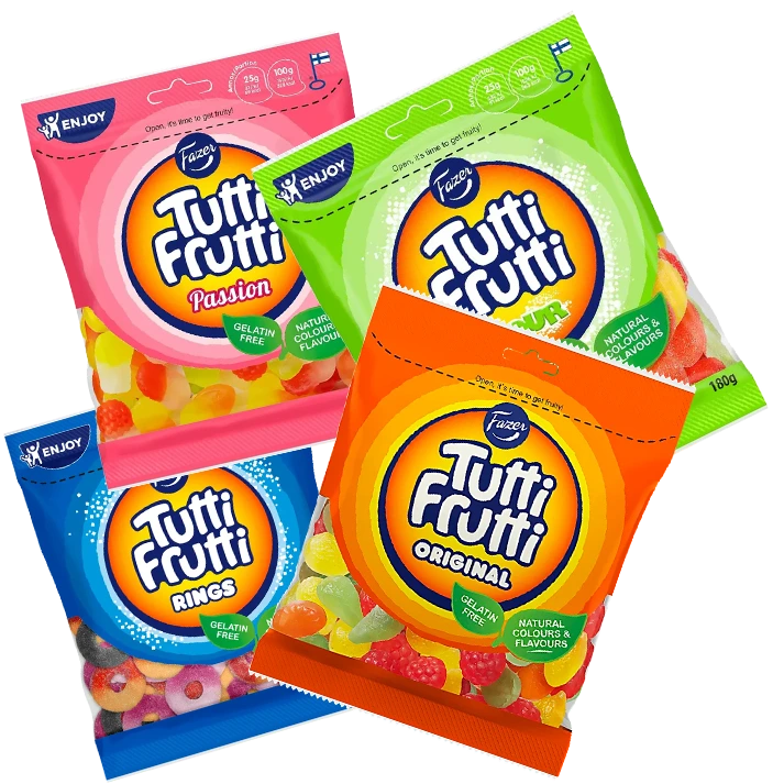 Fazer Tutti Frutti Bundle 4-Pack – a collection of fruity, chewy Swedish candy with natural colors and flavors.
