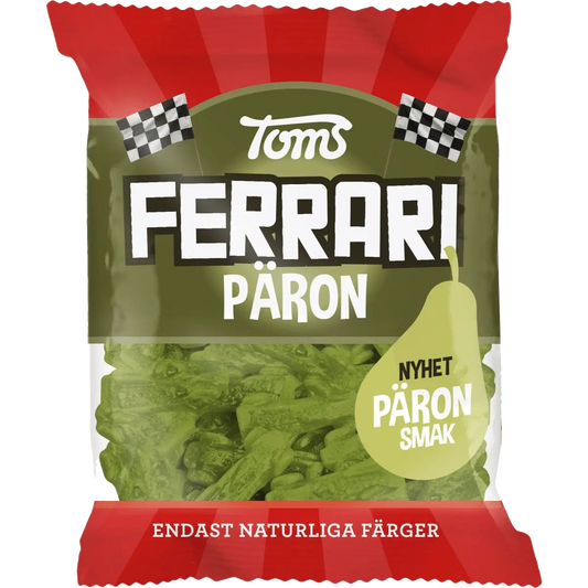 Ferrari Pear by Toms, hard and fruity Swedish gummies in iconic car shapes.