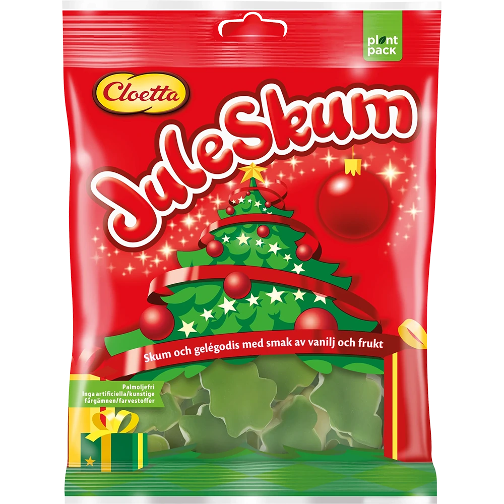 Juleskum Granar by Cloetta, a seasonal Swedish treat with fluffy marshmallow candies shaped like Christmas trees.