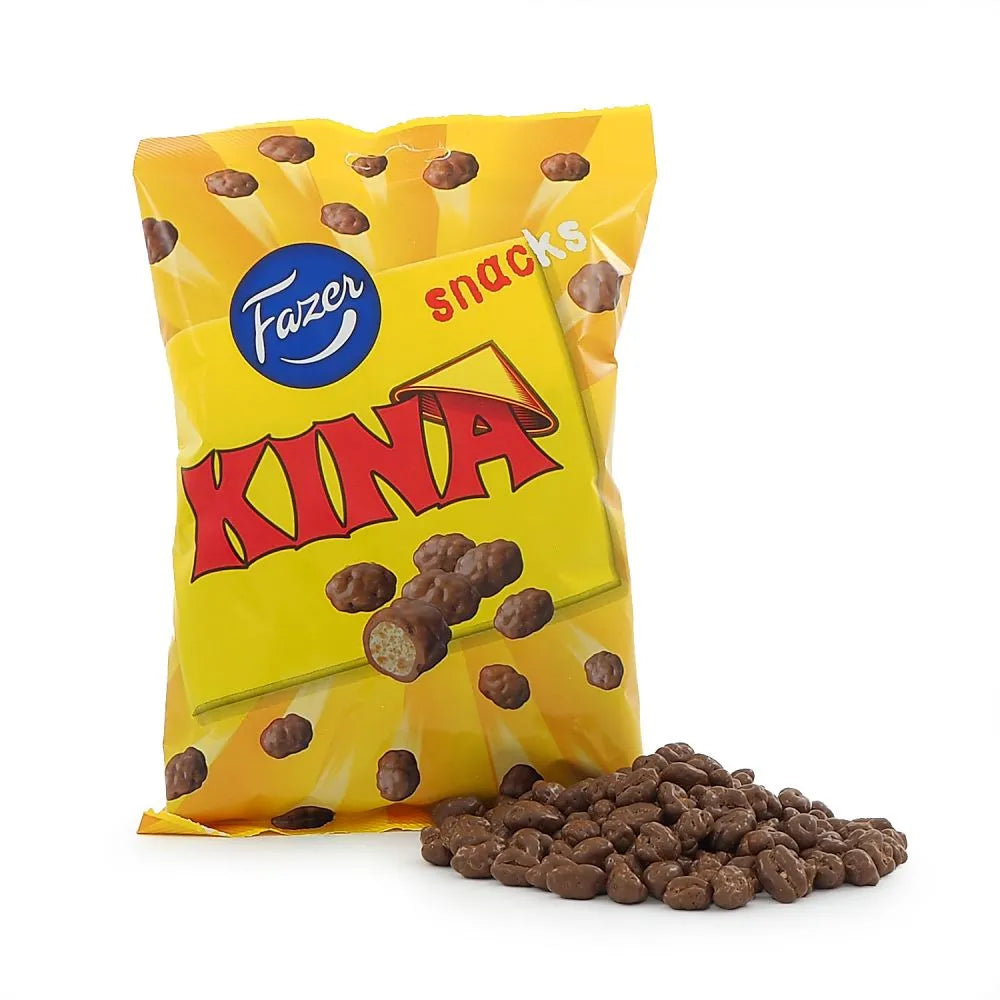 Kina Snacks by Fazer, a popular Swedish candy with crispy puffed rice covered in smooth milk chocolate.