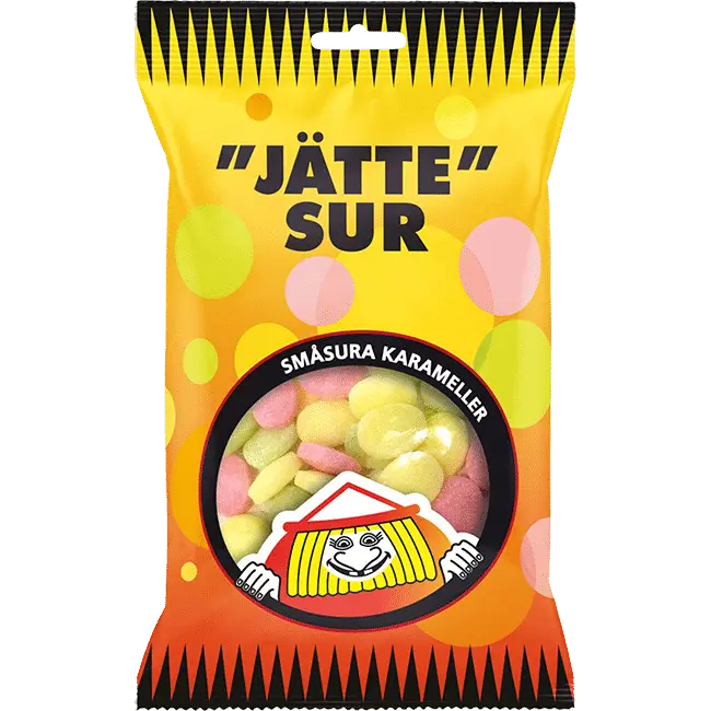 Konfekta Jättesur – Swedish candy featuring extremely sour, chewy gummies with bold fruity flavors.
