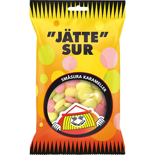 Konfekta Jättesur – Swedish candy featuring extremely sour, chewy gummies with bold fruity flavors.
