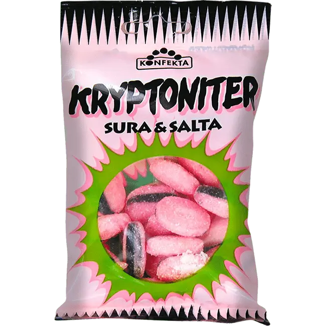 Kryptoniter by Konfekta, chewy Swedish gummies with a sharp sour kick and fruity taste.