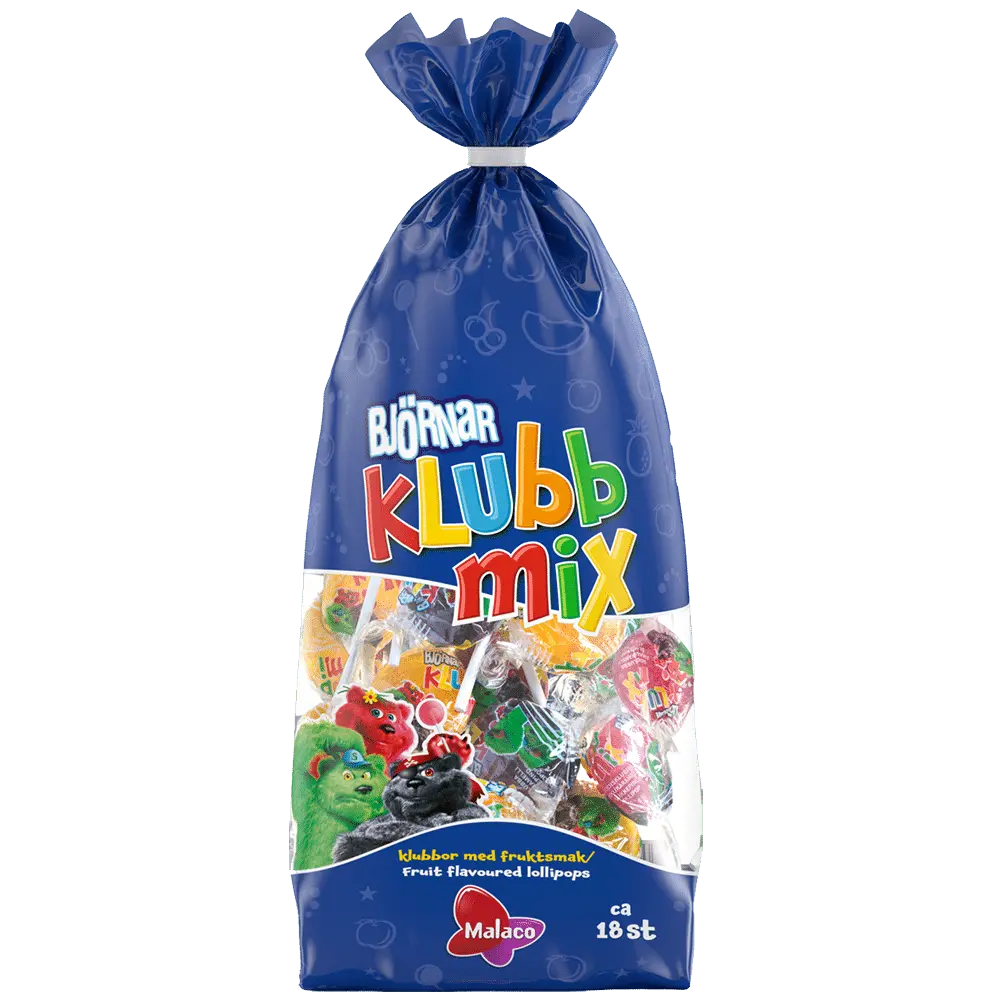 Björnar Klubbmix – a Swedish candy assortment featuring a variety of chewy, fruit-flavored gummy bears and other fun shapes.