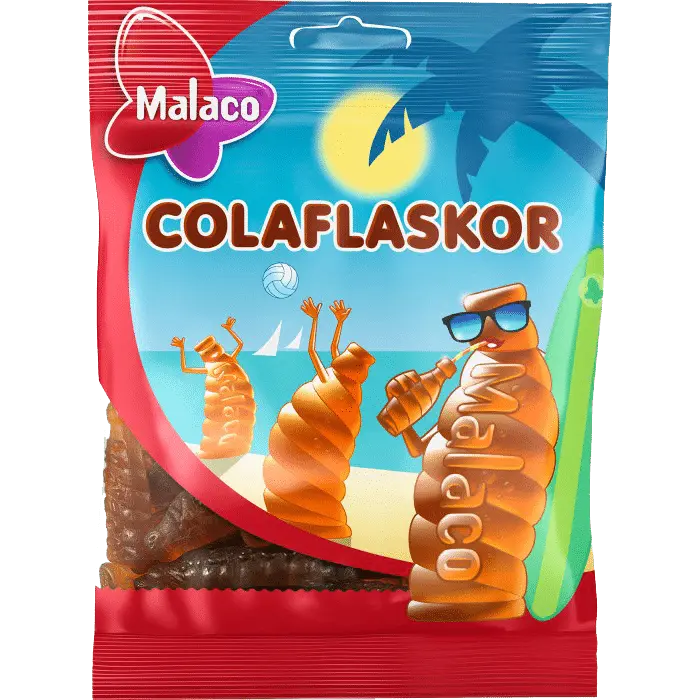 A bag of Malaco Cola Flaskor, sweet and tangy Swedish gummy candies shaped like cola bottles.