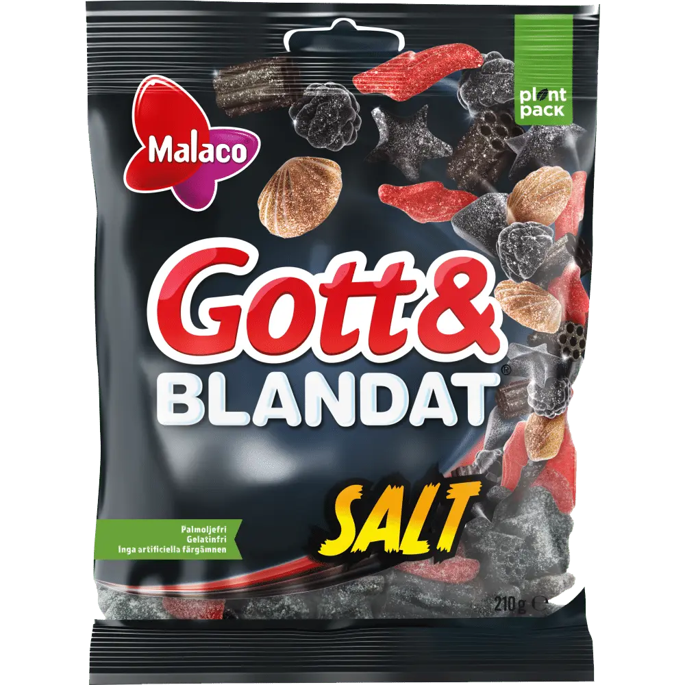 Display of Malaco Gott & Blandat Salt, a Swedish candy assortment with a delicious blend of salty and tangy flavors in various chewy forms.