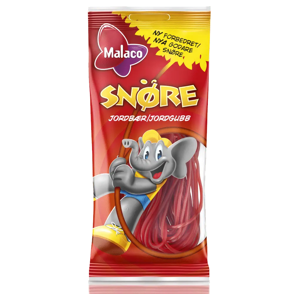 Malaco Jordgubbssnöre Påse – a bag of Swedish candy featuring strawberry-flavored licorice ropes with a chewy texture.
