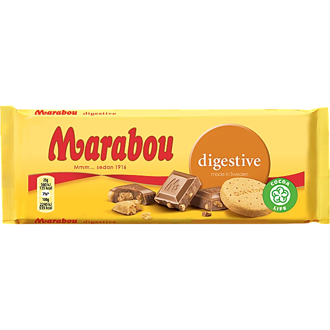 Marabou Digestive – Swedish milk chocolate blended with crunchy digestive biscuit pieces.