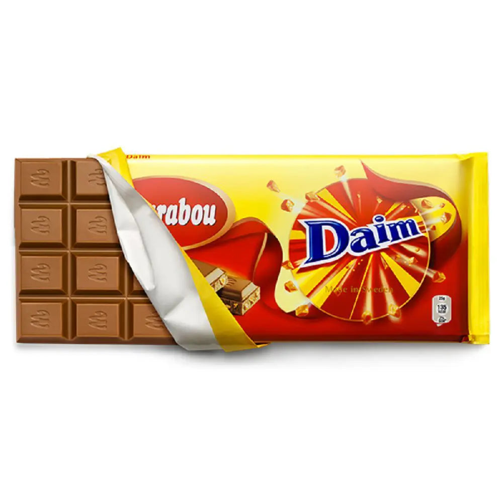 Marabou Milk Daim โ a Swedish chocolate bar with crunchy almond toffee pieces coated in smooth milk chocolate.