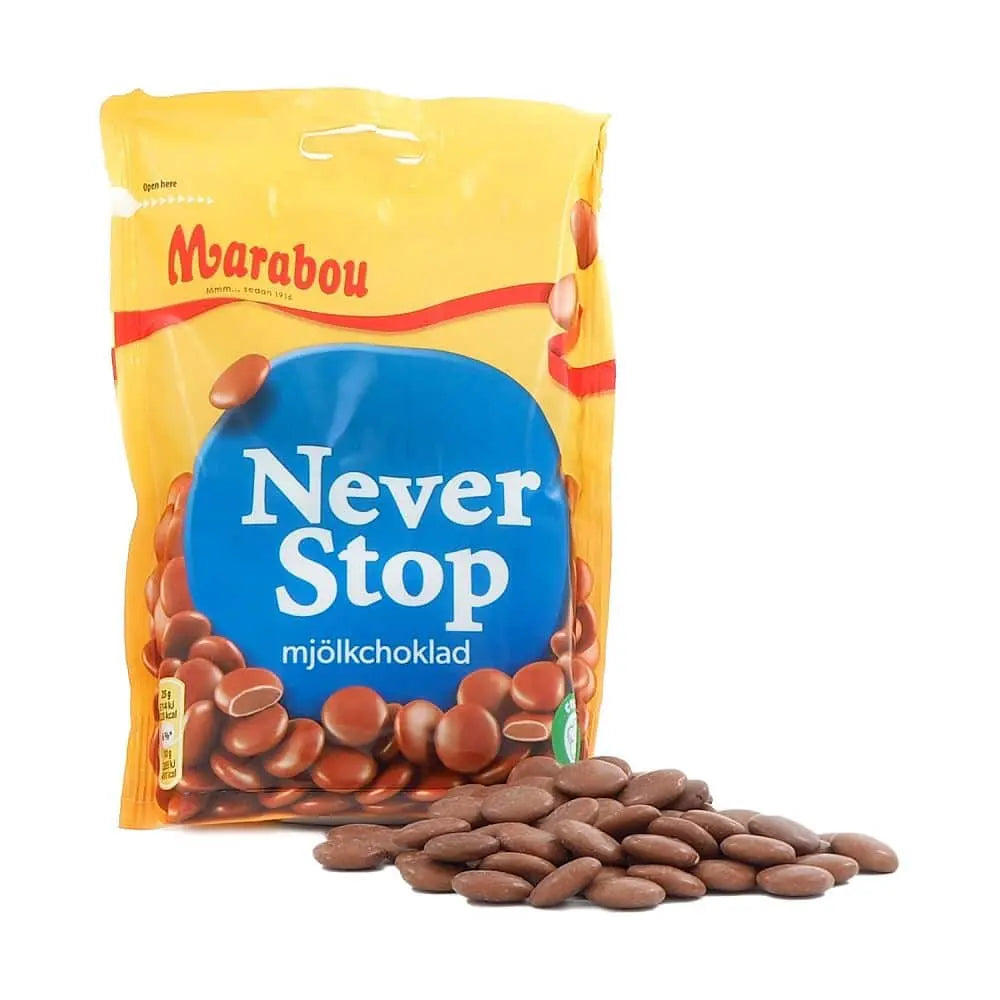 Marabou Never Stop Display – showcasing a delicious range of Marabou chocolate bars, including a variety of creamy, indulgent flavors.