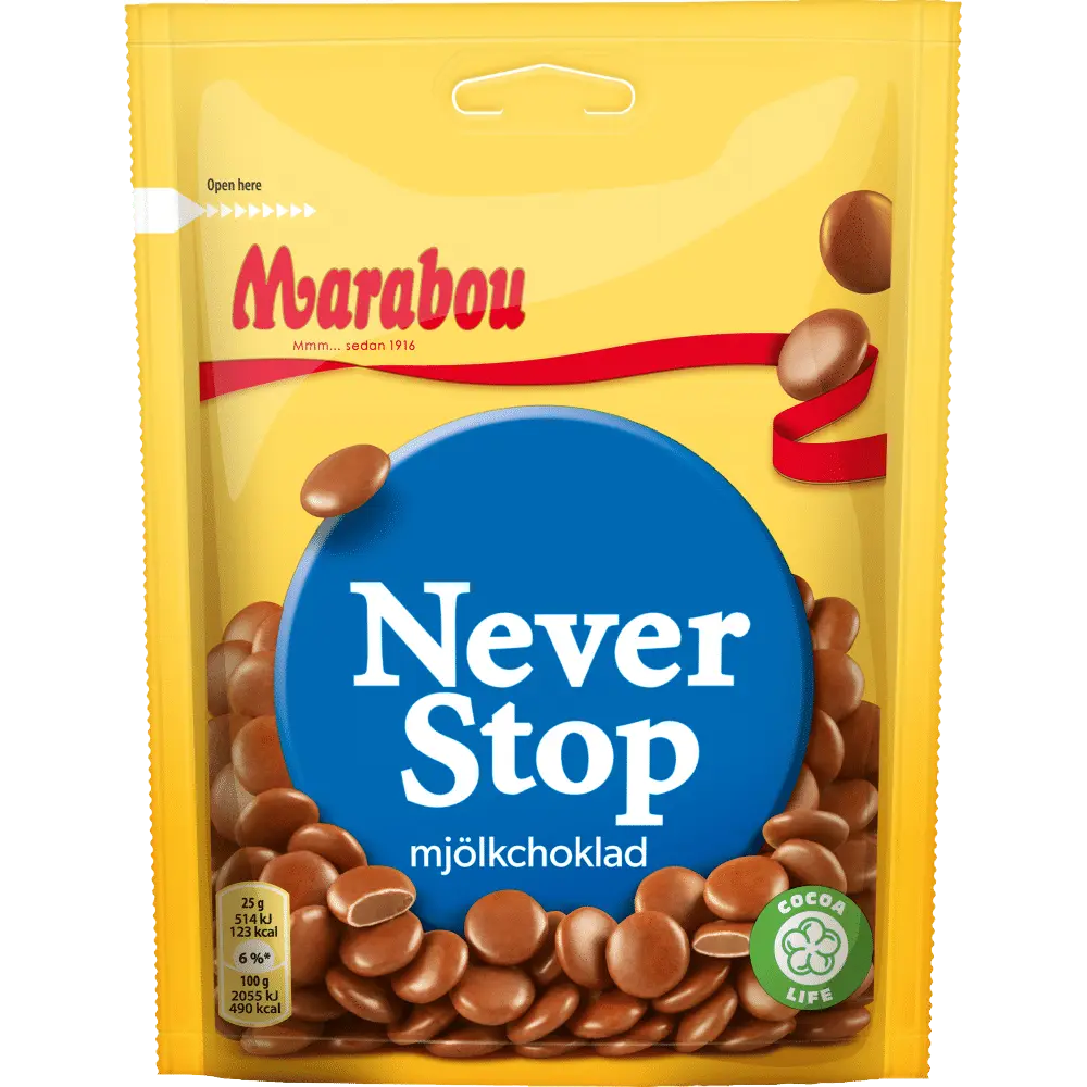 Marabou Never Stop, a delightful Swedish treat with creamy milk chocolate and crispy, crunchy elements in every bite