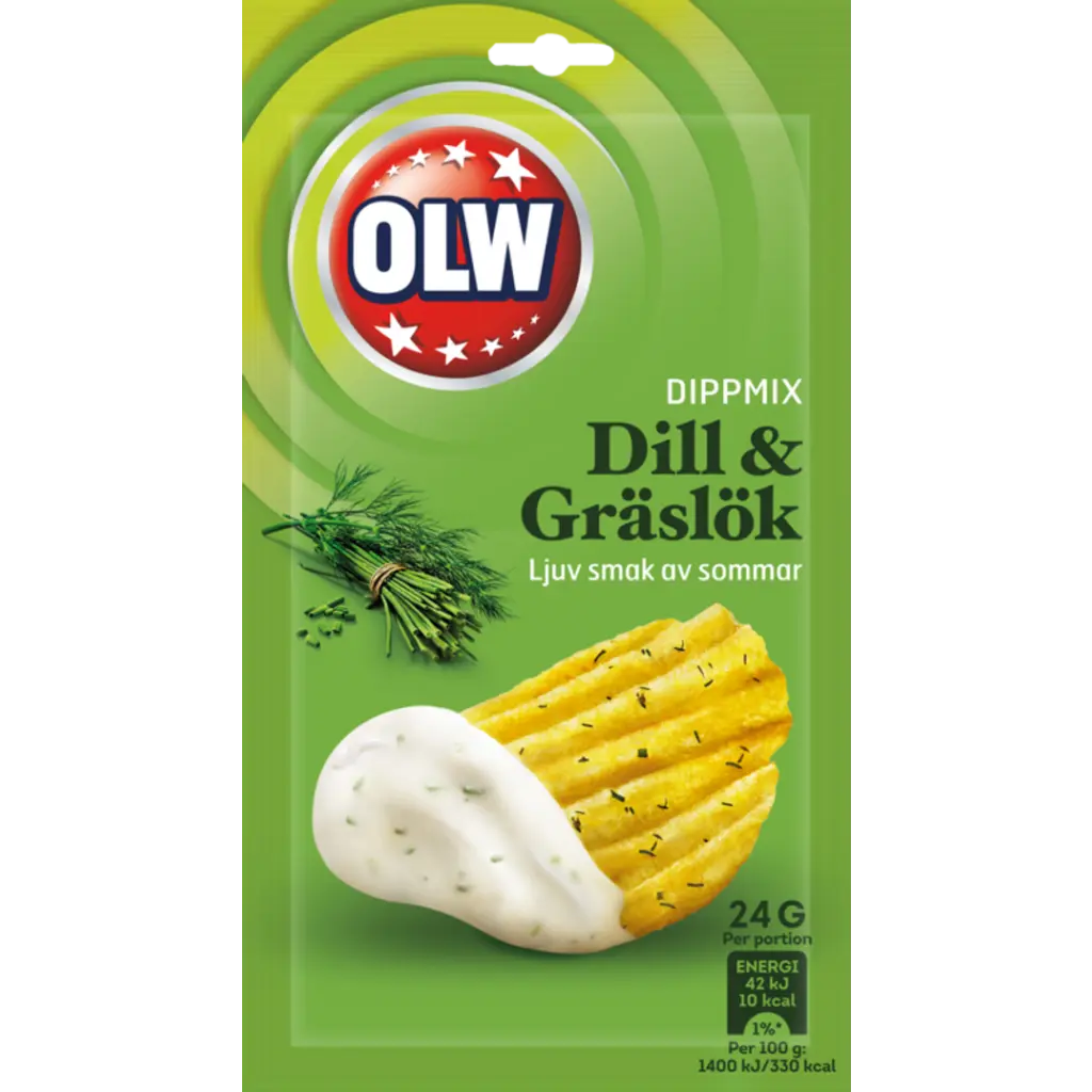 OLW Dippmix Dill Gräslök – a Swedish dip mix with a blend of tangy dill and fresh chive flavors, perfect for chips and veggies.