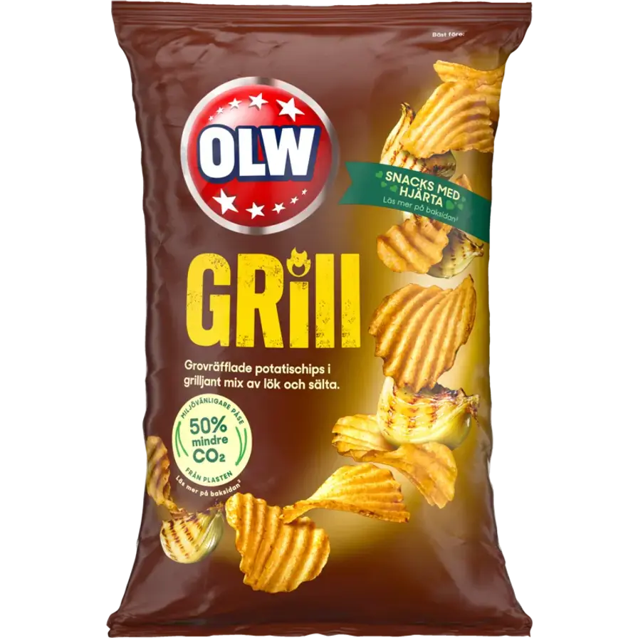 OLW Grill Chips – crispy Swedish potato chips with a savory grill seasoning.