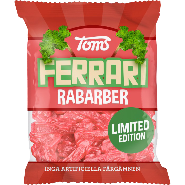 Toms Ferrari Rabarber 120g – a bag of Swedish candy featuring rhubarb-flavored, chewy Ferrari-shaped gummies.