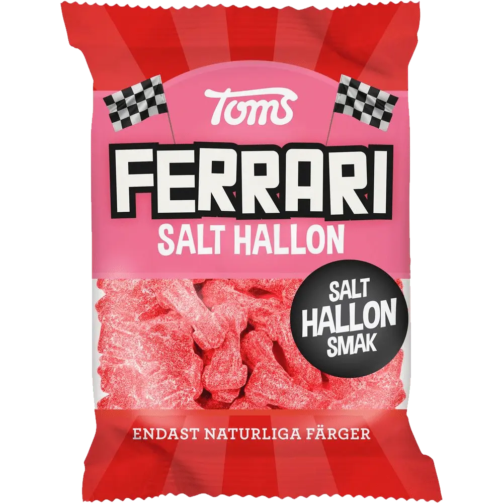 Ferrari Salt Hallon – chewy Swedish candy with salty raspberry-flavored gummy cars.