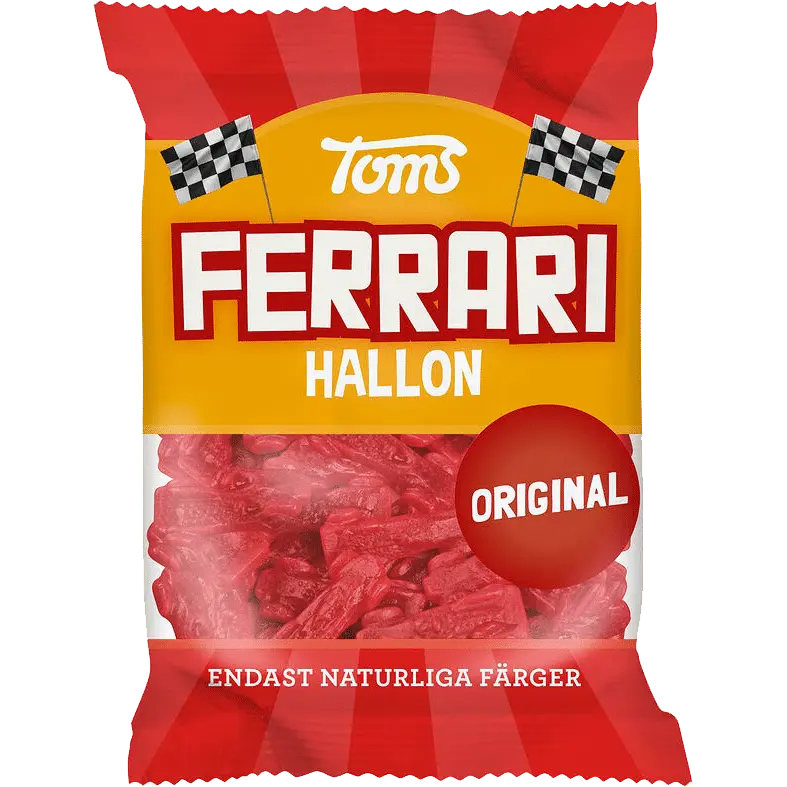 Toms Ferrari Raspberry gummies, featuring fruity raspberry flavor in iconic car shapes.