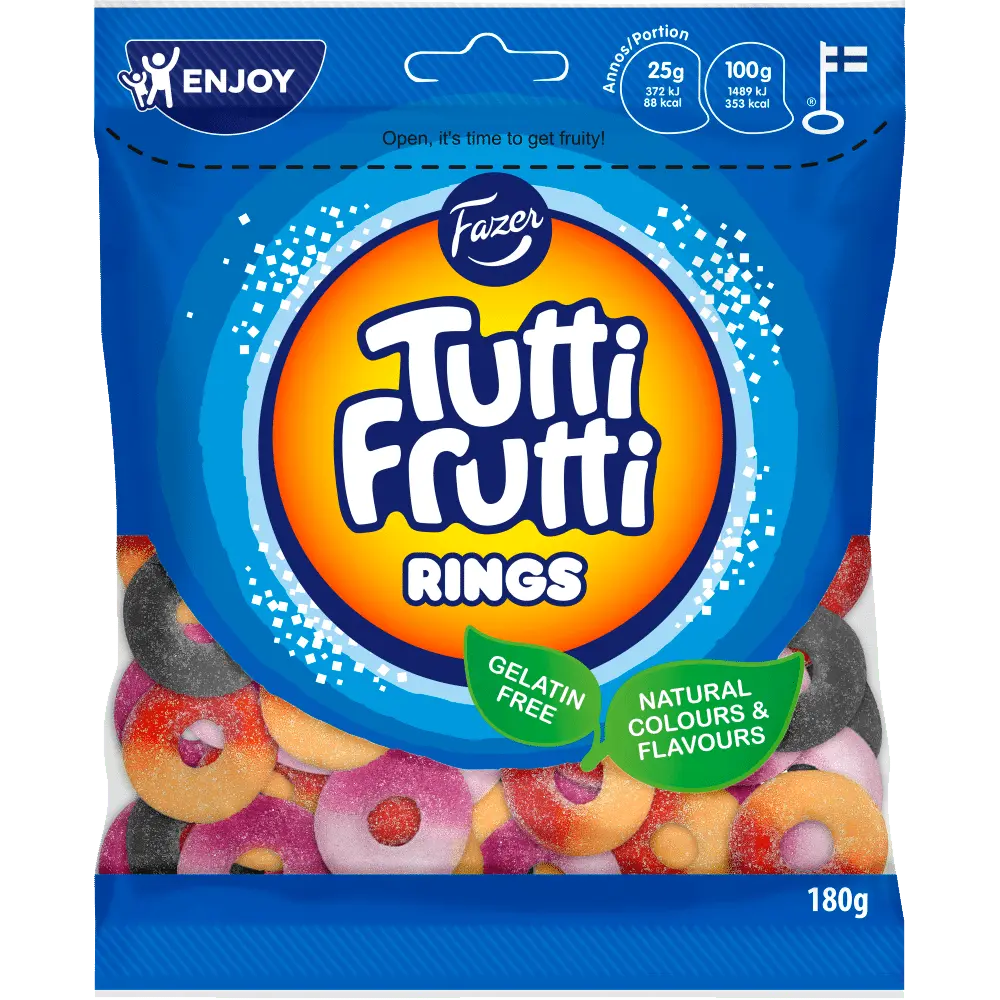 Fazer Tutti Frutti Rings, featuring chewy Swedish gummies in fun ring shapes with a sweet and tangy fruit taste.
