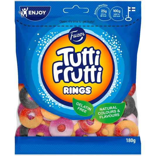 Fazer Tutti Frutti Rings, featuring chewy Swedish gummies in fun ring shapes with a sweet and tangy fruit taste.