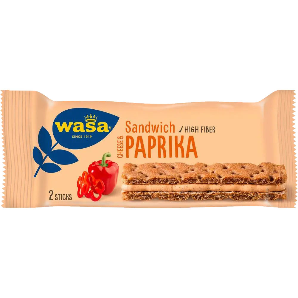 Wasa Sandwich Cheese Paprika – a Swedish crispbread snack filled with creamy cheese and sweet paprika flavors.