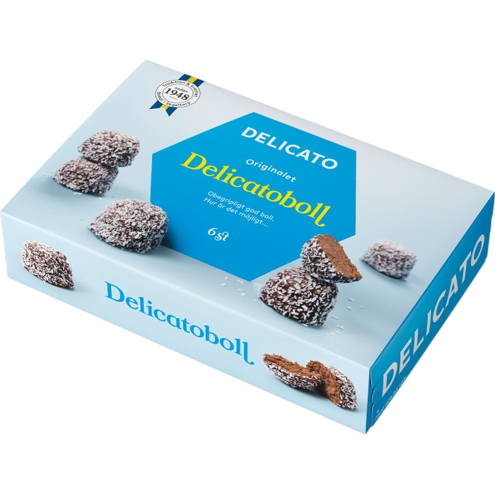 Box of Delicatoboll with a blue label on a white background