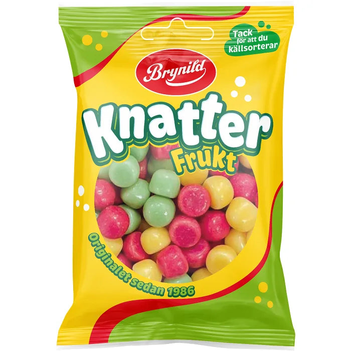 Packaging of Brynild Knatter Frukt candy with colorful gumballs on a white background