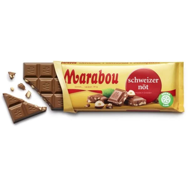 Marabou Schweizernöt – a classic Swedish chocolate bar filled with crunchy hazelnuts coated in smooth milk chocolate.