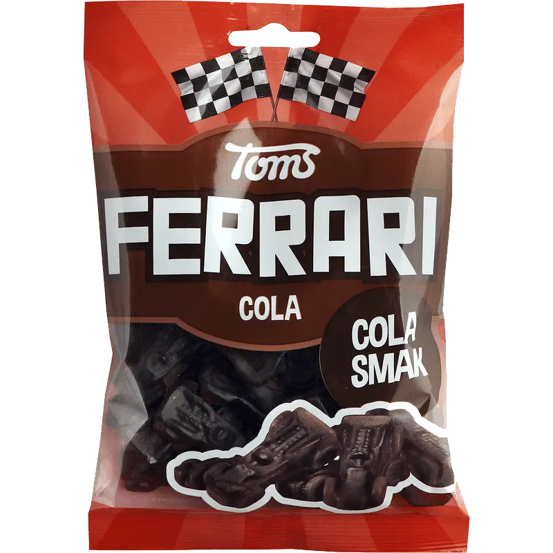 Ferrari Cola by Toms, chewy Swedish gummy candies with a sweet cola taste.