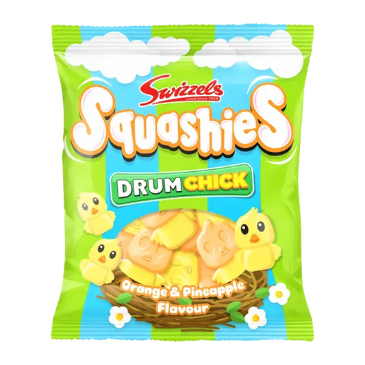 Packaging of Swizzles Squashies Drum Chick candy with green and blue design