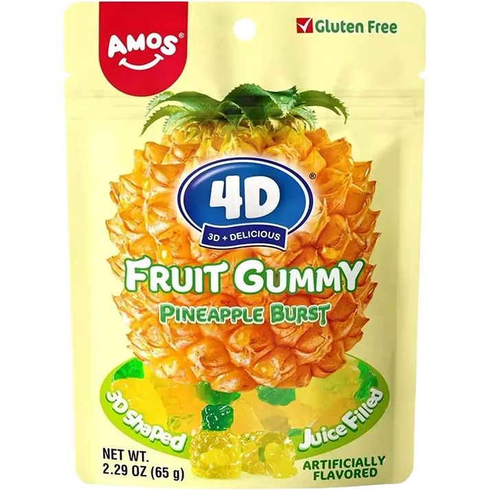 Packaging of 4D Fruit Gummy Pineapple Burst with Amos branding on a white background