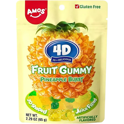Packaging of 4D Fruit Gummy Pineapple Burst with Amos branding on a white background