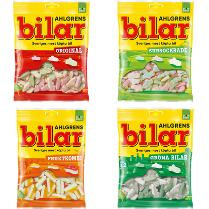 Ahlgrens Bilar Bundle 4-Pack – a set of Sweden’s iconic car-shaped gummy candy in multiple flavors.